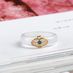 Natural White Chalcedony Ring with Turquoise Ruyi Charm – Taoist Protection Minimal Luxury Gift Set