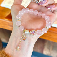 Pulsera de energía amorosa: pulsera de cristal de cuarzo rosa natural para mujer con elegante juego de regalo de dijes