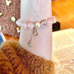 Pulsera de energía amorosa: pulsera de cristal de cuarzo rosa natural para mujer con elegante juego de regalo de dijes