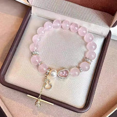 Pulsera de energía amorosa: pulsera de cristal de cuarzo rosa natural para mujer con elegante juego de regalo de dijes
