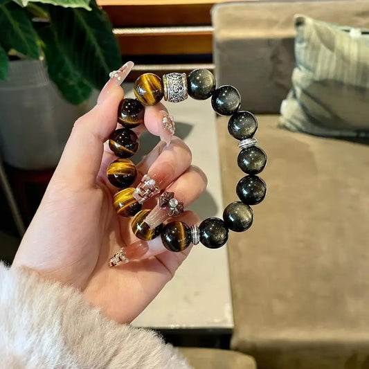 Earth Element Bracelet: Tiger Eye & Obsidian for Wealth, Business & Energy Balance