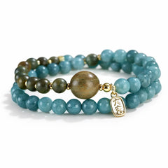 Blue Natural Stone Double Wrap Bracelet – Sandalwood Energy Taoist Protection Jewelry Gift Set | Taiqing Temple
