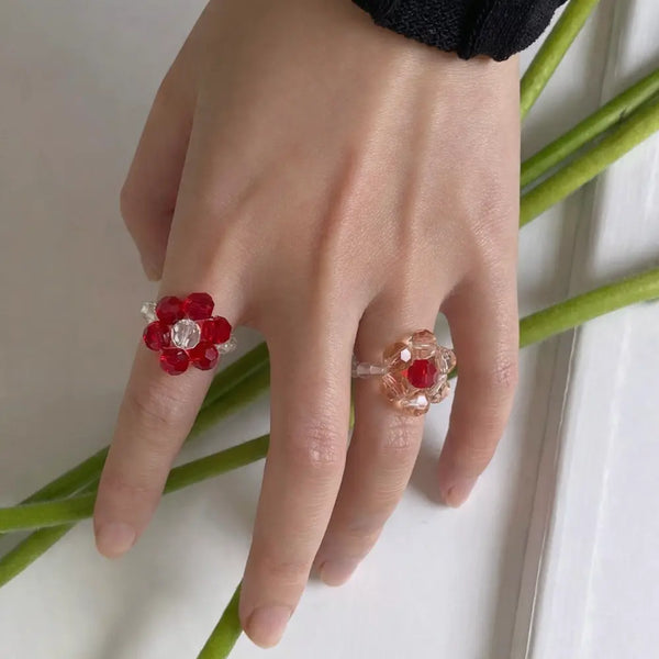 Handmade Crystal Flower Ring – Taoist Lucky Charm Colorful Beaded Ring Gift Set