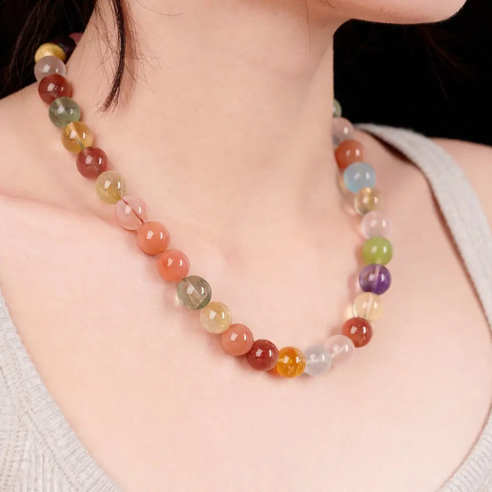 Natural Multi-Stone Crystal Necklace – Strawberry Quartz, Sunstone & Green Phantom Wealth, Love & Protection Gift Set