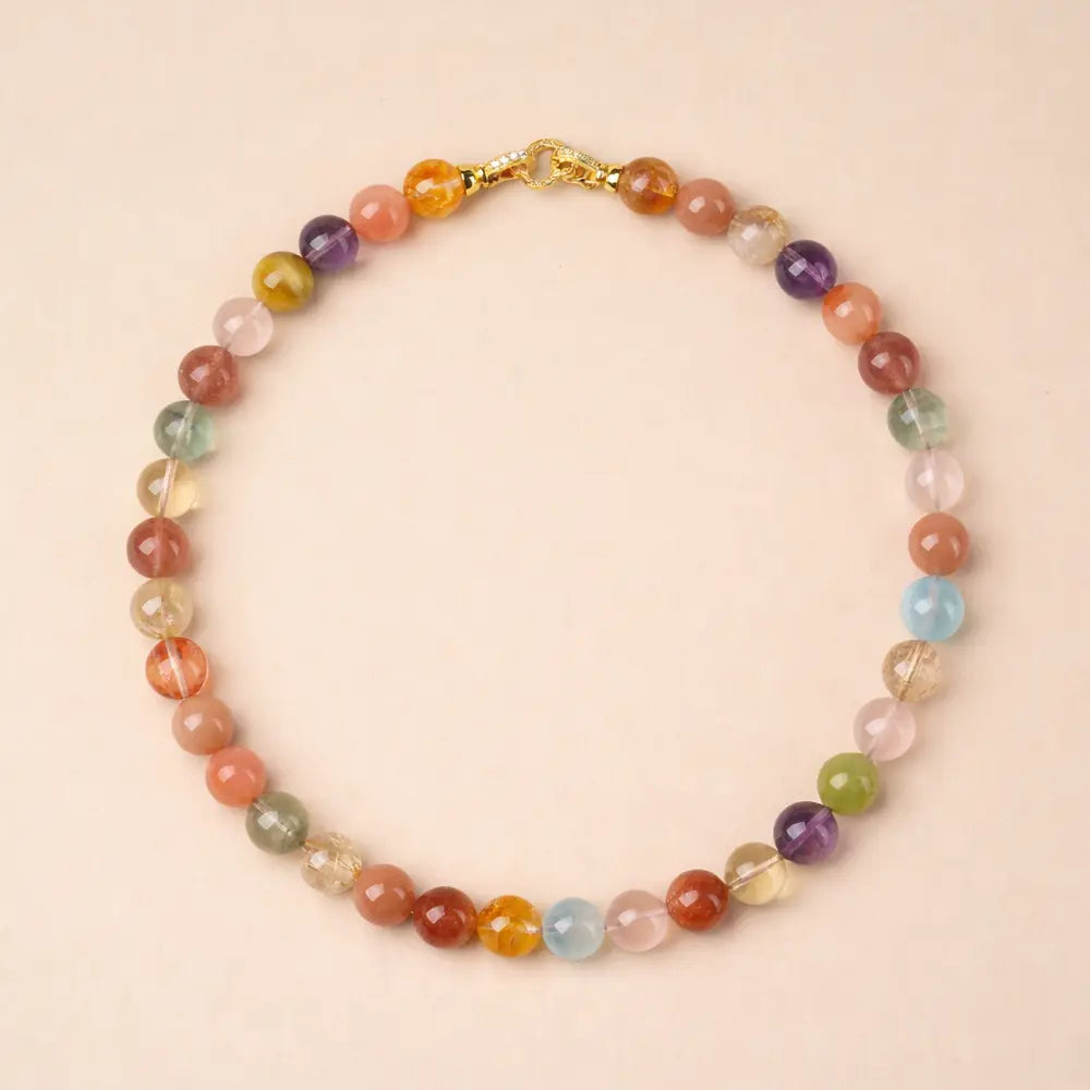 Natural Multi-Stone Crystal Necklace – Strawberry Quartz, Sunstone & Green Phantom Wealth, Love & Protection Gift Set