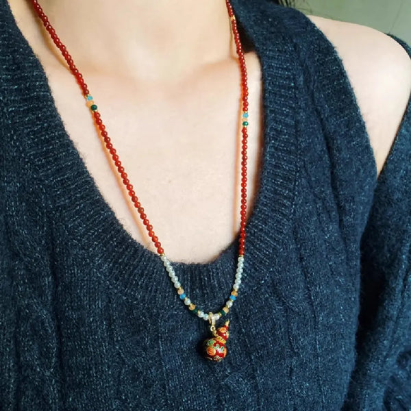 Natural Agate Gourd Necklace – Feng Shui Protection & Luck Pendant Luxury Pearl Long Chain Gift Set