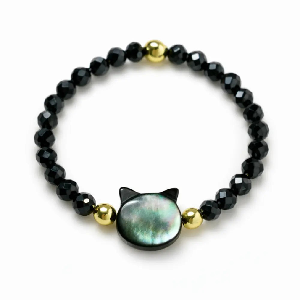 Natural Black Mother-of-Pearl Cat Bracelet – Black Spinel Protection Lucky Energy Jewelry | Taiqing Temple
