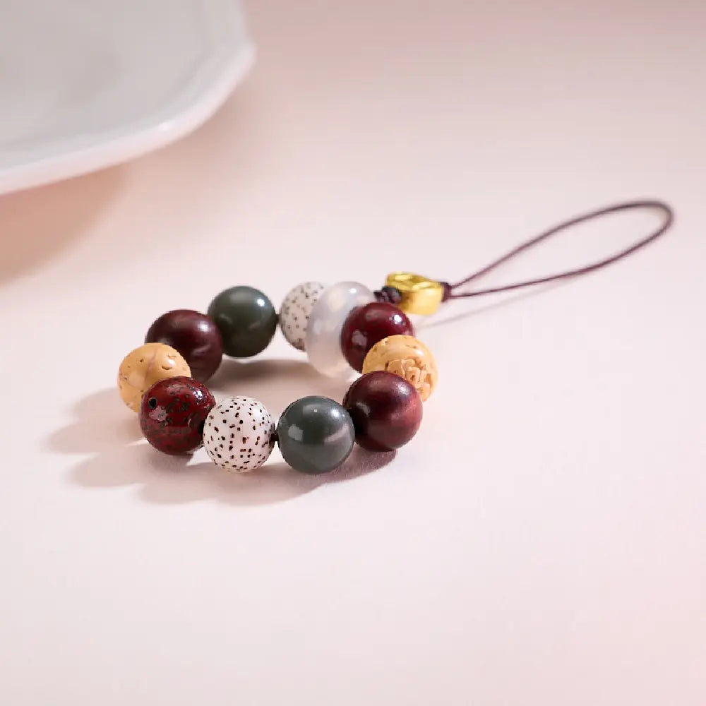 Natural Bodhi Multi-Bead Lucky Keychain – Taoist Five Elements Protection Charm Car & Phone Pendant Gift