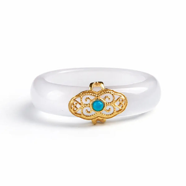 Natural White Chalcedony Ring with Turquoise Ruyi Charm – Taoist Protection Minimal Luxury Gift Set