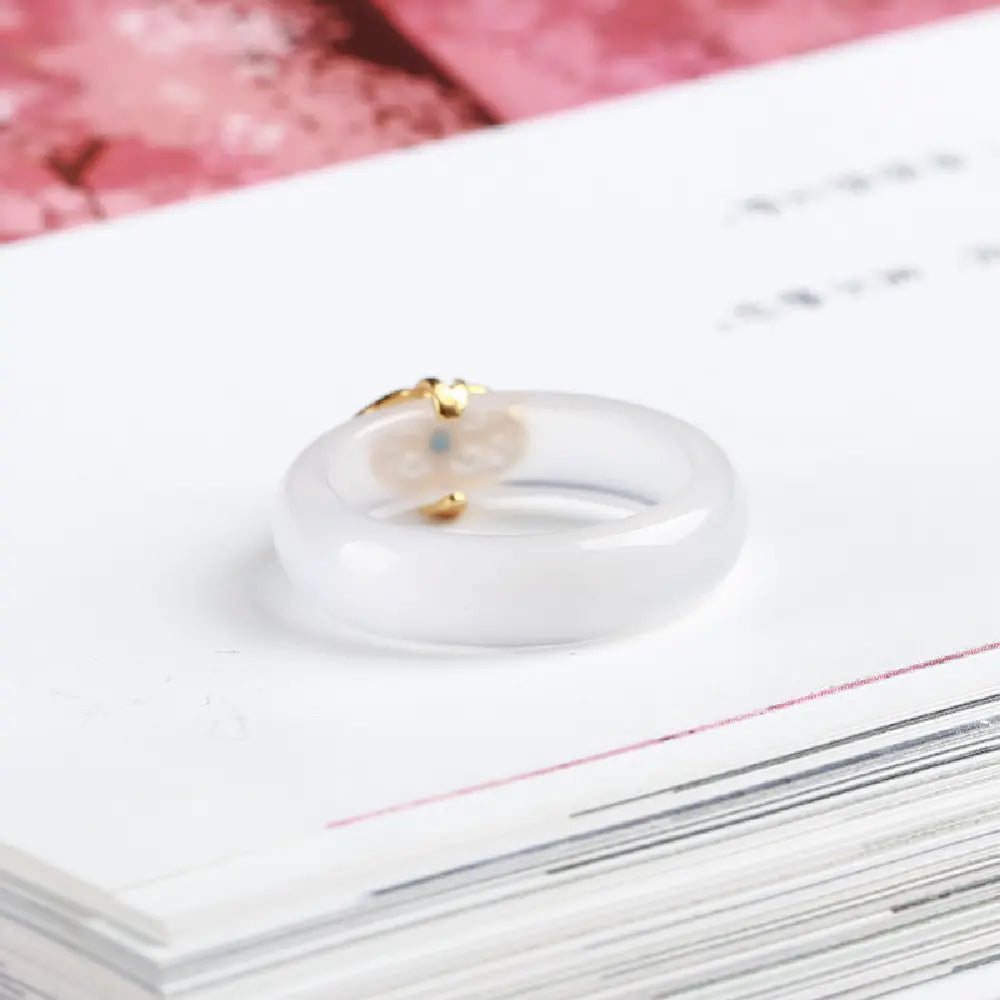 Natural White Chalcedony Ring with Turquoise Ruyi Charm – Taoist Protection Minimal Luxury Gift Set