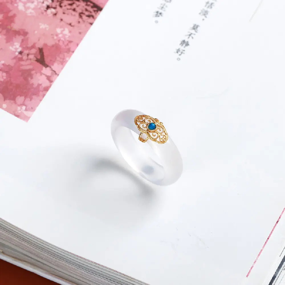 Natural White Chalcedony Ring with Turquoise Ruyi Charm – Taoist Protection Minimal Luxury Gift Set