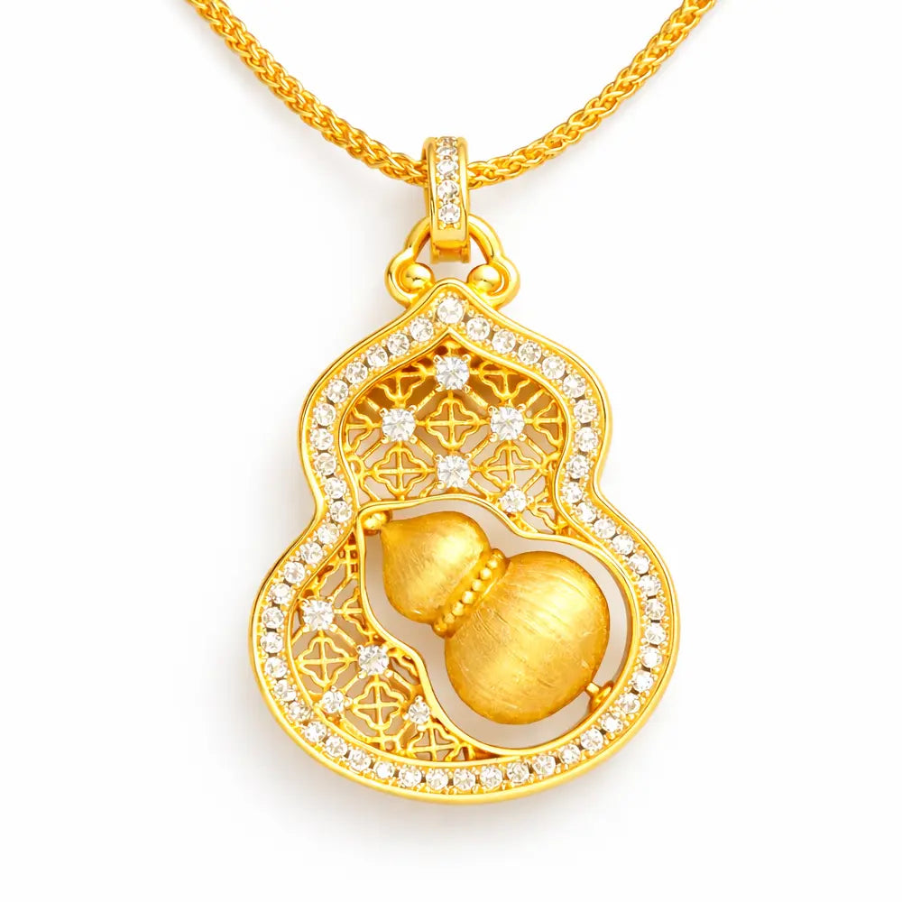 Chinese Fu Lu Gourd Necklace – Taoist Protection Pendant Luxury Gold Zircon Jewelry Gift Set | Taiqing Temple
