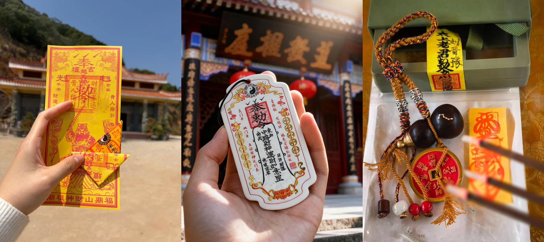feng shui talisman and crystal bracelet held in front of taoist temple for protection and energy balance