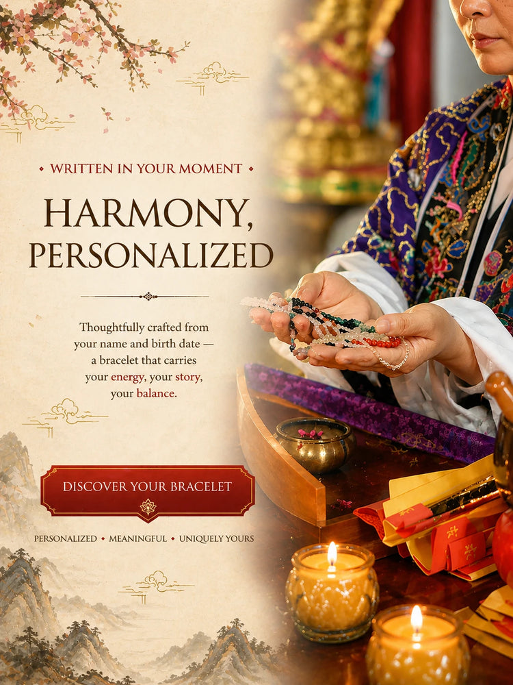 Handcrafted personalized bracelet representing harmony and balance, inspired by Eastern rituals and individual energy