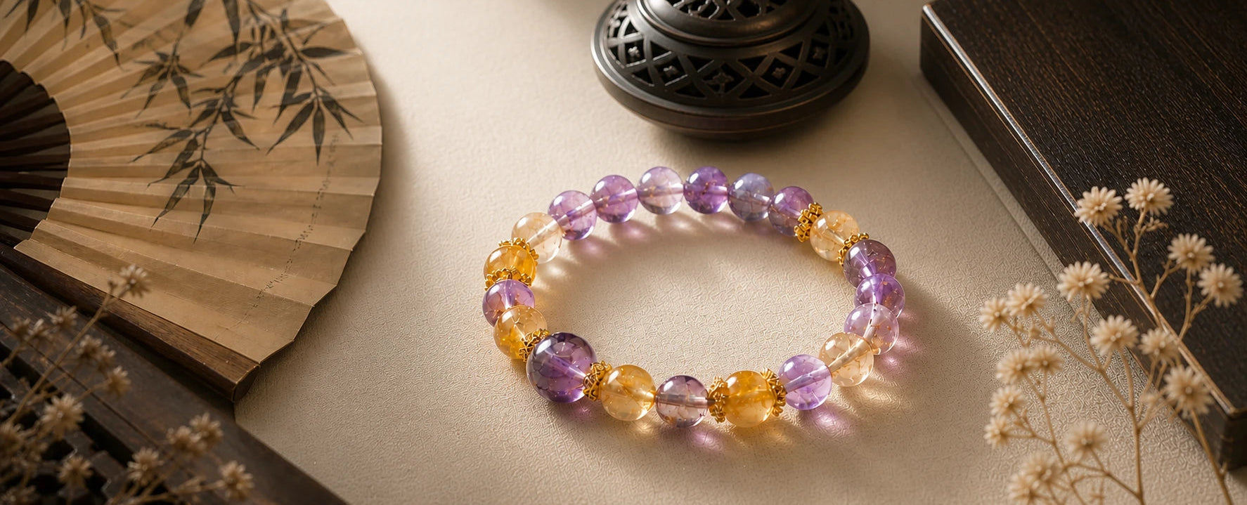 feng shui bracelet with natural crystals symbolizing energy balance and harmony in a traditional setting