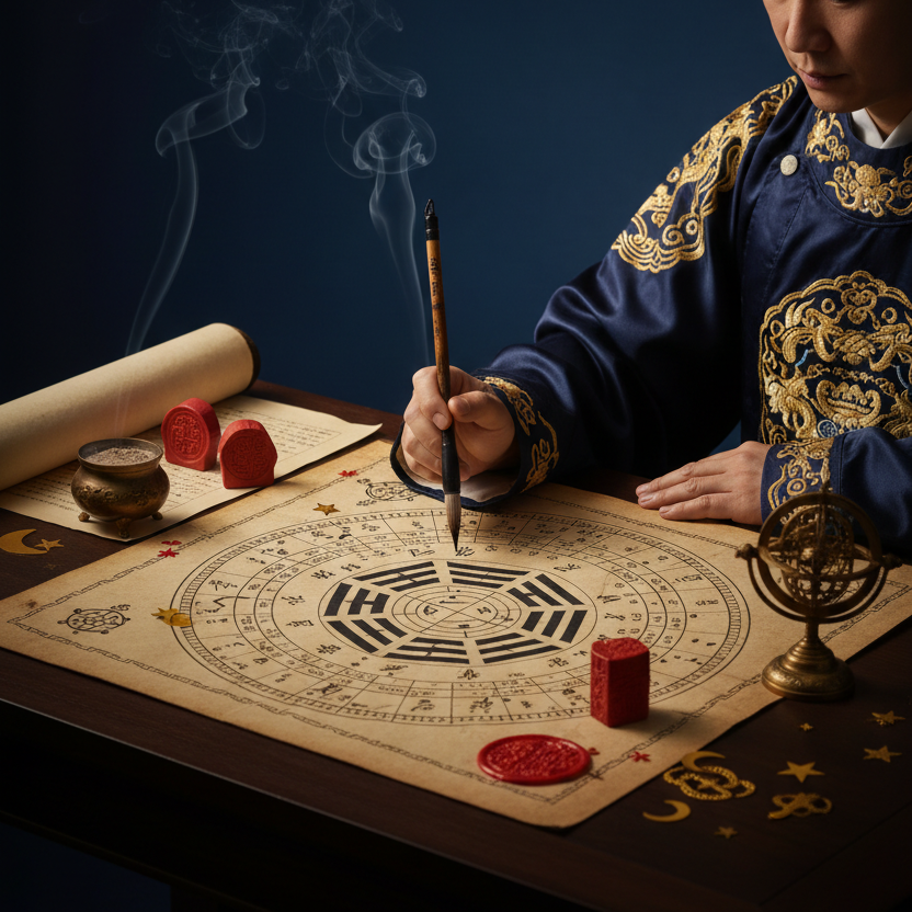 Taoist priest performing Ba Zi destiny reading with ancient divination scrolls