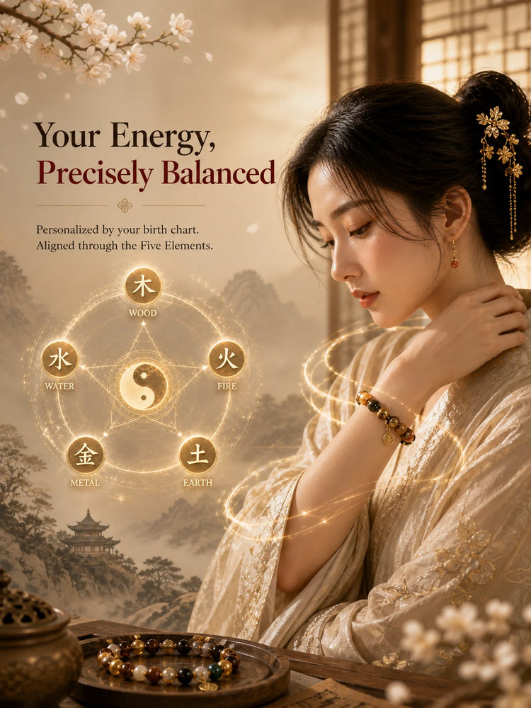 woman wearing feng shui bracelet for energy alignment and protection
